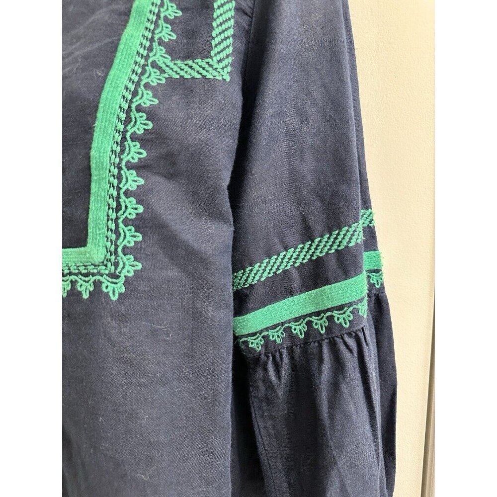 J. Crew Women’s Embroidered Boho Linen & Cotton Navy & Green Top Blouse Size 10 - Picture 6 of 14